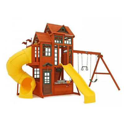 structure en bois avec toboggan tubulaire jaune et balançoires marque KidKraft